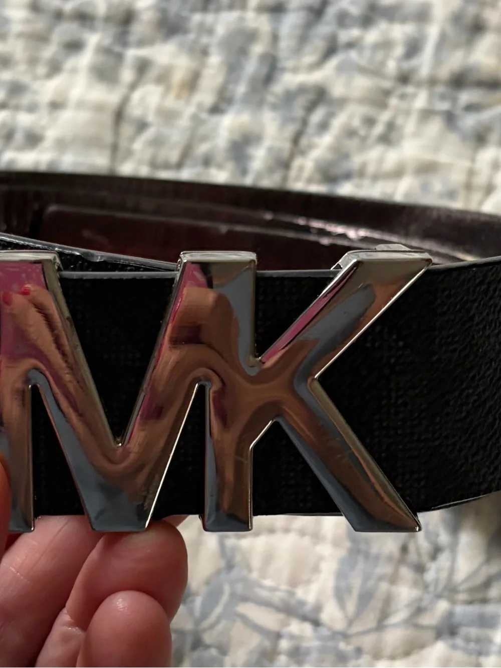 Michael Kors Black Brown Men’s M Logo Belt with Silver MK Buckle